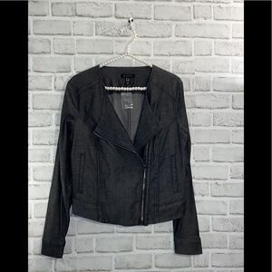 H for Halston Dark Grey Stretch Chambray Motorcycle Jacket Zippers Retro